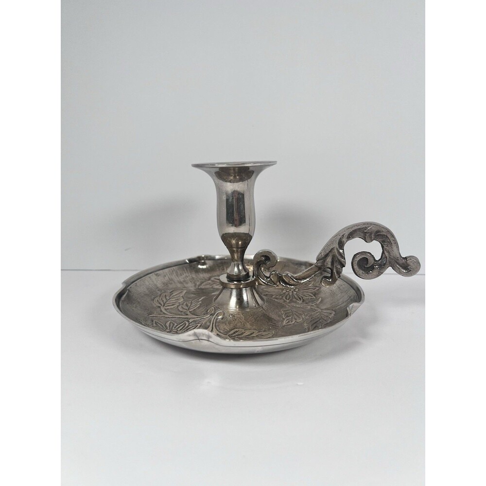 Candle Holder With Drip Tray Finger Pewter carved sunflowers rustic patina